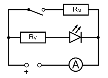 Einfacher Schaltplan: LED mit zwei Widerständen, Schalter, Amperemeter und Batterie.